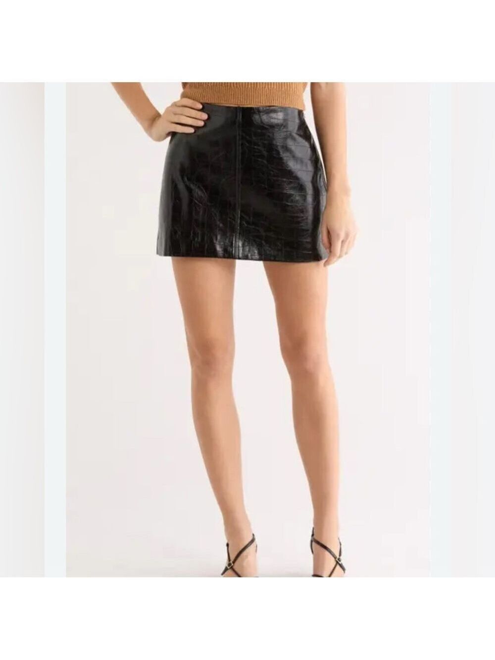 PRIMARK Faux Leather High Shine A- line Mini Skirt Exposed metal zip Party sz 12